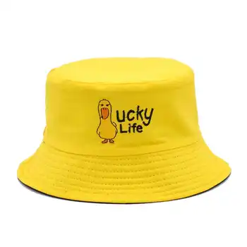 

Lucky Life Embroidery Duck Panama Bucket Hat Men Women Summer Foldable Cotton boys Bob Outdoor Two Sided lovers Sun Animal Hat