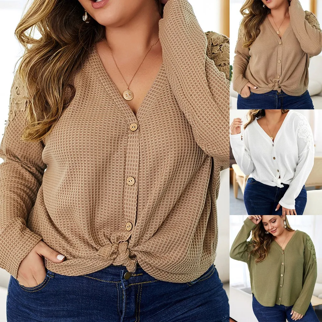

Blouse Women Plus Size Casual Vintage solid Office Wear autumn Elegant Tops Long Sleeve Loose Button V-Neck daily Haut Femme#3s