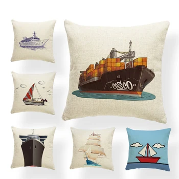 

Cartoon Boat Cushion Cover Cargo Ship Sailing Living Room Bedroom Decoration Pillowcase Passenger Ship Polyester Linen Pillow