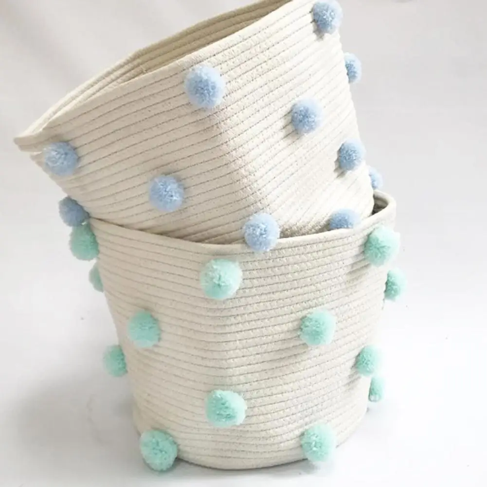 Cotton Rope Knitted Pompom Decor Laundry Basket Toy Storage Bucket Photo Prop foldable lightweight and portable photo