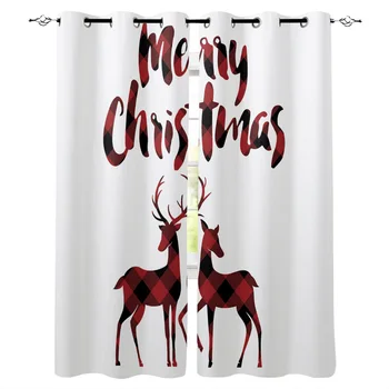 

Christmas Theme Red Black Checkered Deer Window Curtains Home Decor Bedroom Kitchen Items Curtain Panel Curtains for Living Room