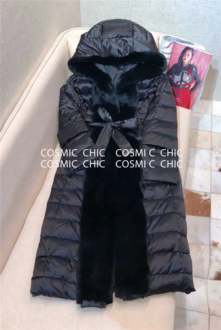 Cosmicchic зимняя длинная модная женская пуховая верхняя одежда с капюшоном серебристо-черное пальто высокого качества