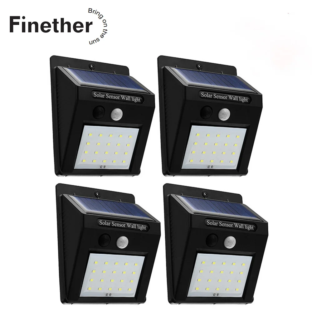 Finether 4 шт. 20 светодиодов на солнечных батареях настенный светильник PIR датчик