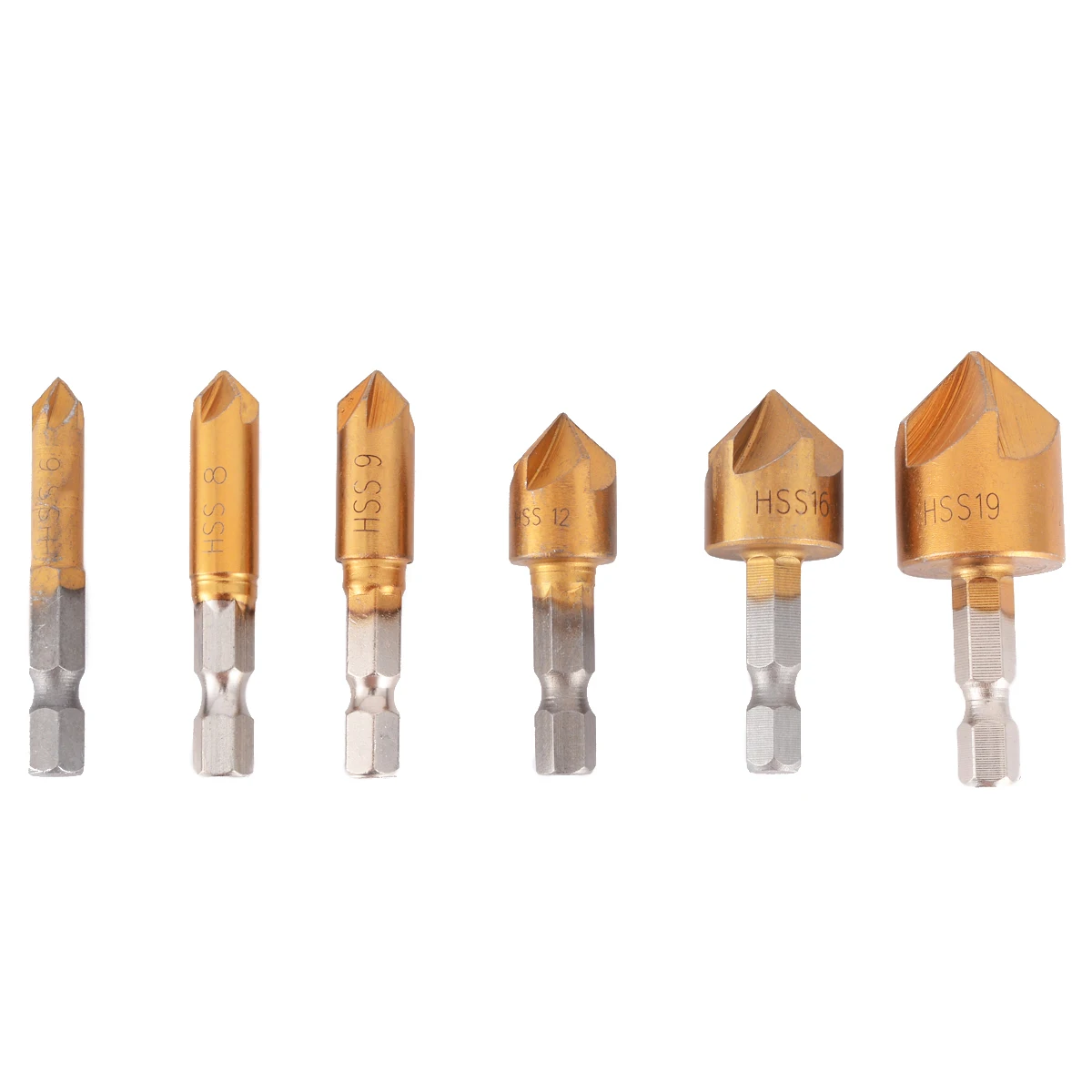 1/4" Hex Shank 6Pcs 6mm-19mm HSS 90 Degree Countersink Bore Set for Wood Plastic Tools Set Countersink Drill Bit Tool