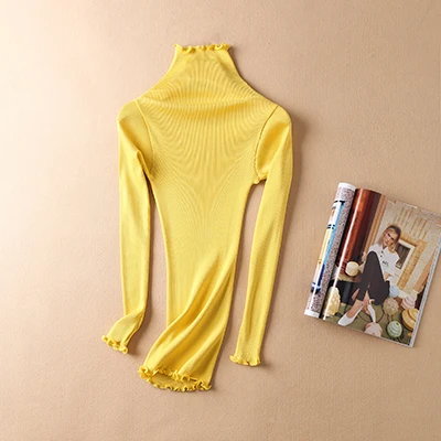 Sweater Women pullovers 80% Natural Silk 20% Cotton turtleneck Rib knits shirt long sleeved sweater Fall winter tops jumper - Цвет: Цвет: желтый