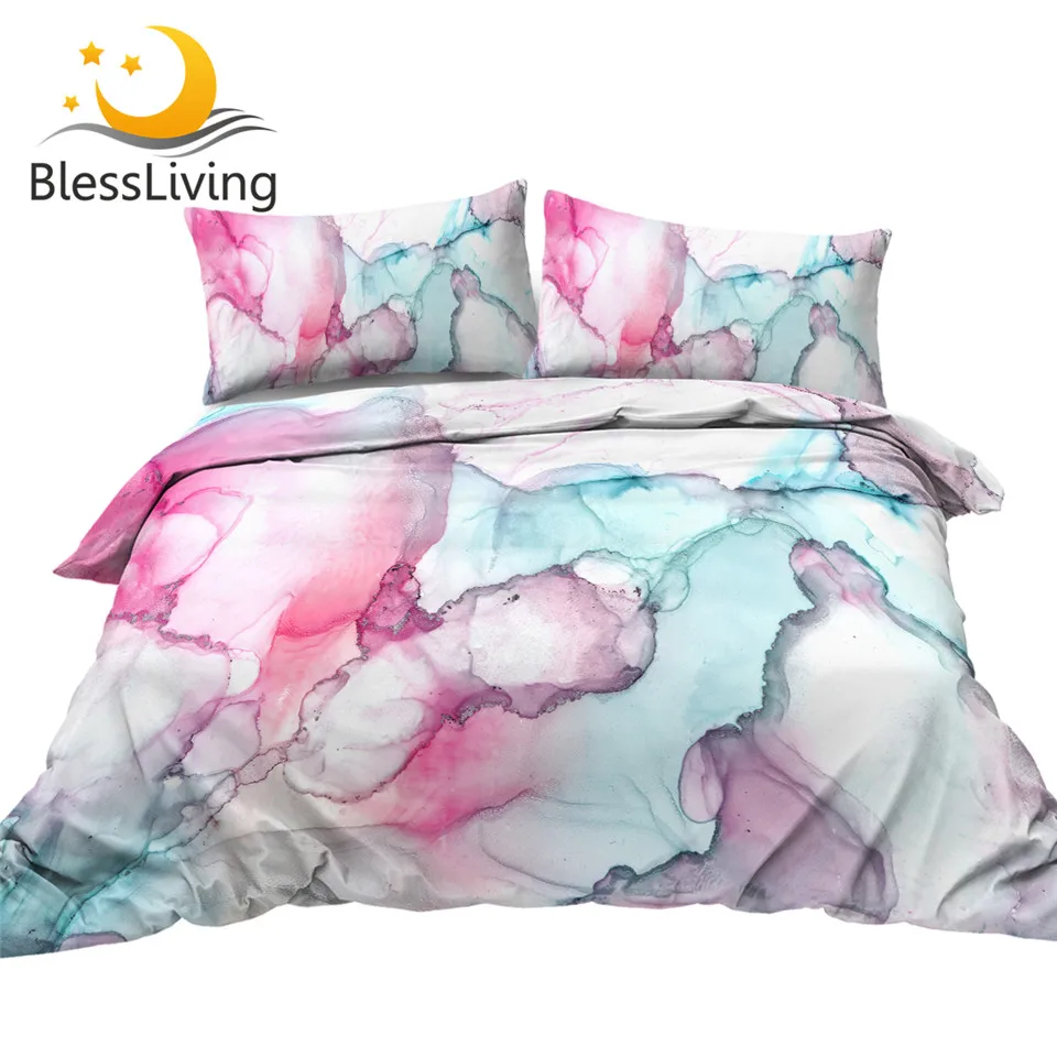 

BlessLiving Alcohol Ink Bedding Set Marble Style Quilt Cover 3 Piece Blue Pink Comforter Cover Watercolor Abstract Home Textiles