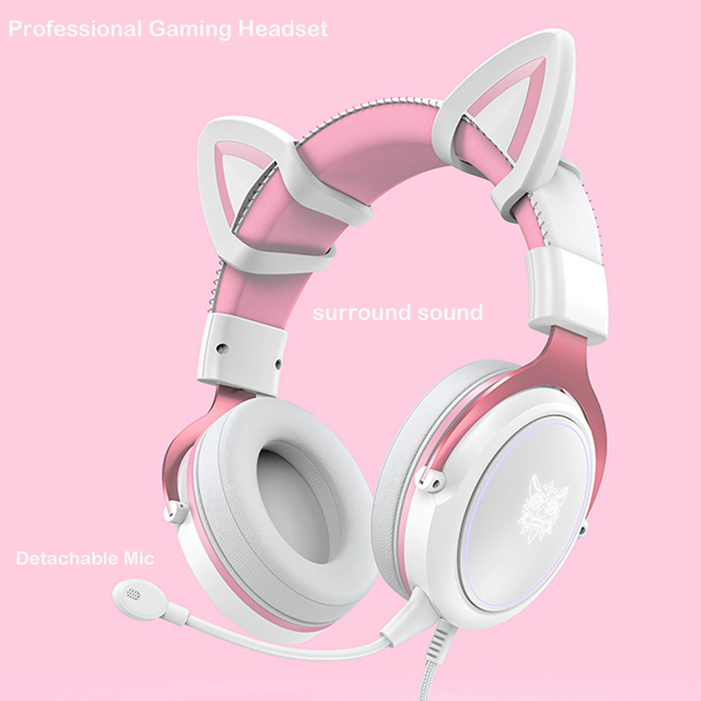 Игровая гарнитура с кошачьими ушками Белые и розовые наушники RGB подсветкой