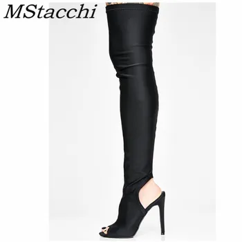 

MStacchi Spring Autumn New Style Boots Women Black Thin Heel Peep Toe Thigh High Boots Elastic Force Hollow Out Sexy Women Boots