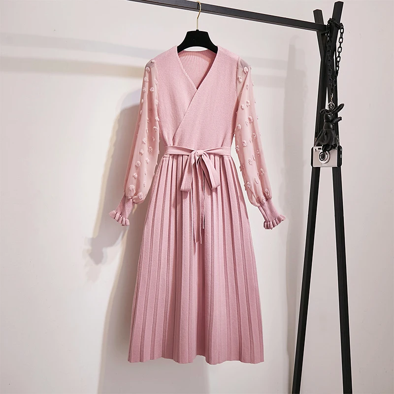Willstage, L-4XL, плюс размер, трикотажное платье, шифон, рукав-фонарик, пэчворк, плиссированные платья, для женщин, талия, бант, на шнуровке, негабаритный