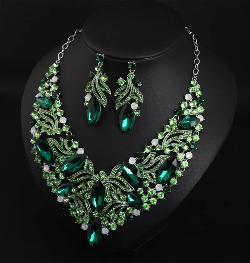 Роскошный женский свадебный комплект ювелирных изделий с голубым цветком, ожерелье с кристаллами, серьги, ювелирный набор - Окраска металла: Green