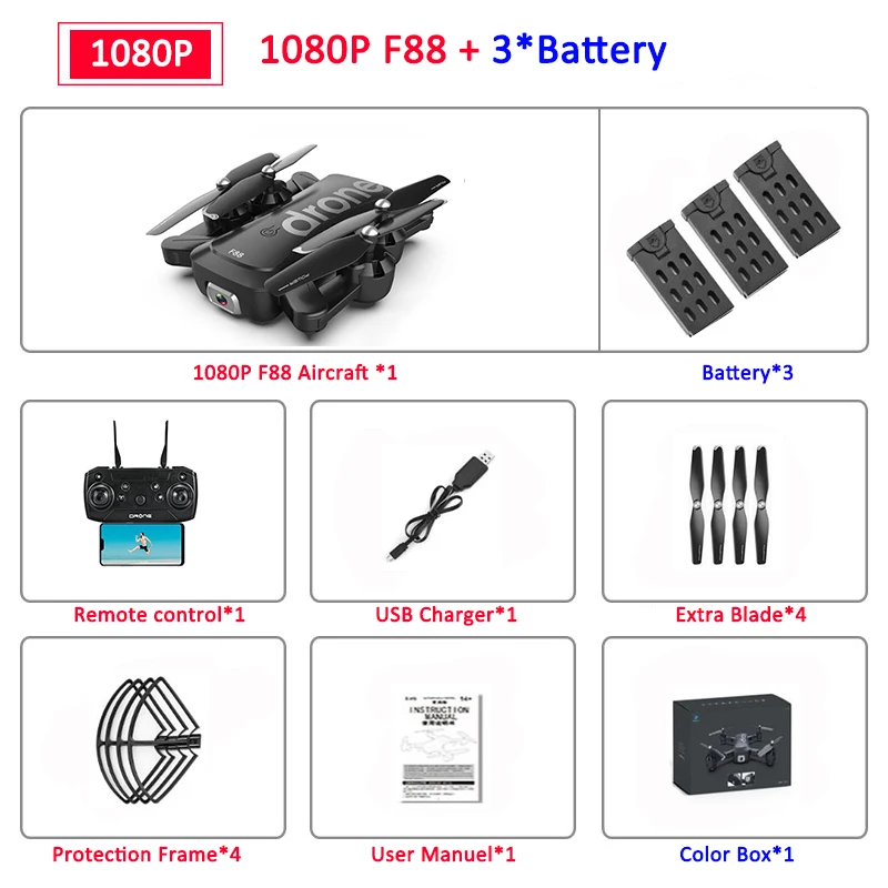 1080P 3B CB F88 Дрон RC Квадрокоптер складной портативный WiFi Дроны с 4K HD широкоугольная видеокамера режим удержания высоты Дрон VS SG106 - Цвет: 1080P 3B CB