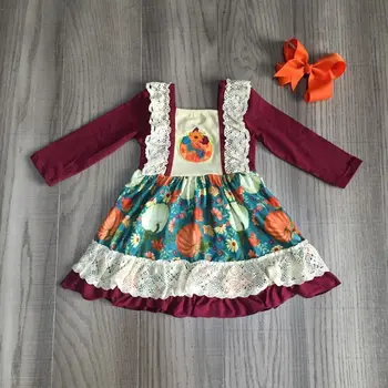 

children girls fall/winter dress girls Halloween dress girls pumpkin floral lace dress with bow