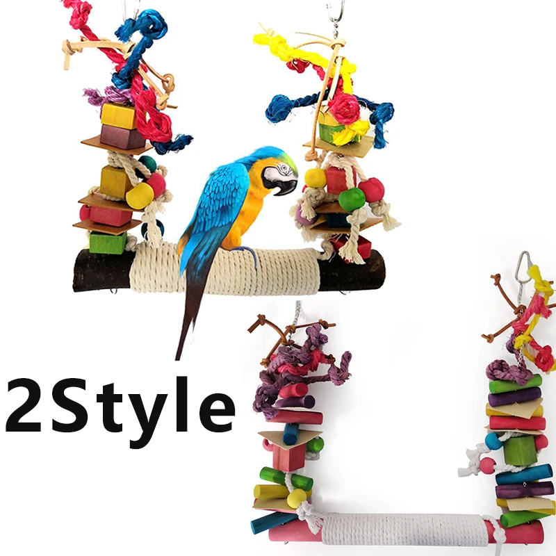 

Pet Bird Parrot Chew Toy Bird Perch Stand Colorful Wood Building Block Cotton Rope Conure Swing For Pet Birds