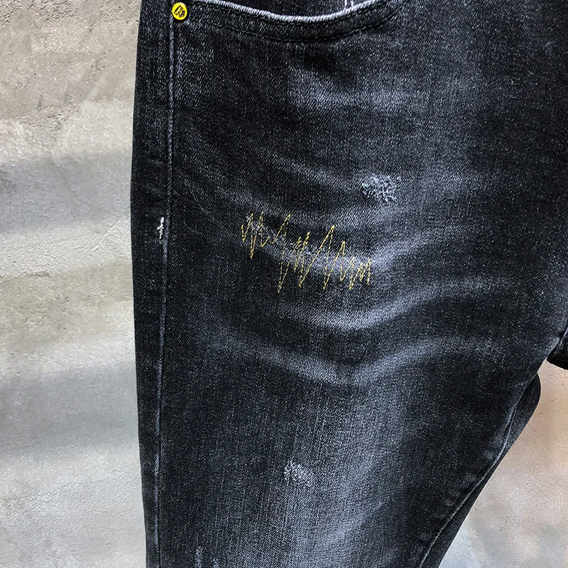 Джинсы, джинсовые мужские обтягивающие брюки, темно-серые, стрейчевые, с заплатками, с надписями, мужские, модные, дизайнерские, высококачественные, мужские джинсы, брюки