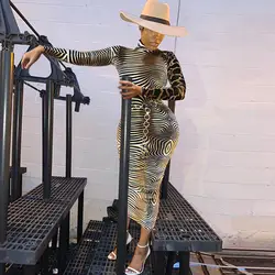 Сексуальное женское осеннее платье 2019 Платья-макси с длинным рукавом модное леопардовое платье с высоким воротом до середины икры уличная