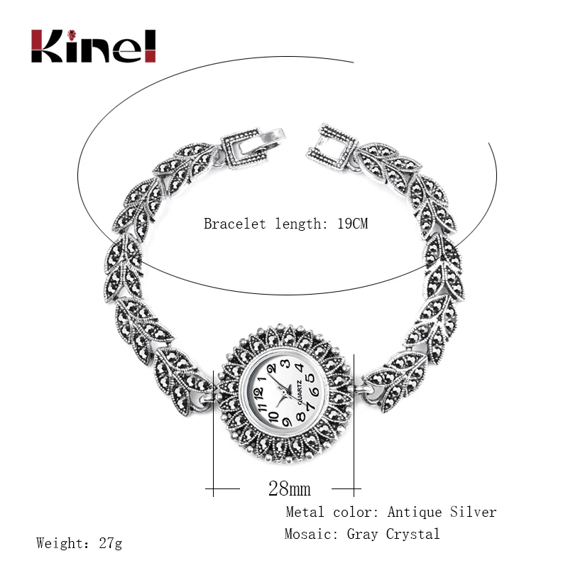 Kinel новые модные женские часы античное серебро роскошный яркий черный кристалл браслет наручные часы Винтажные Ювелирные Изделия