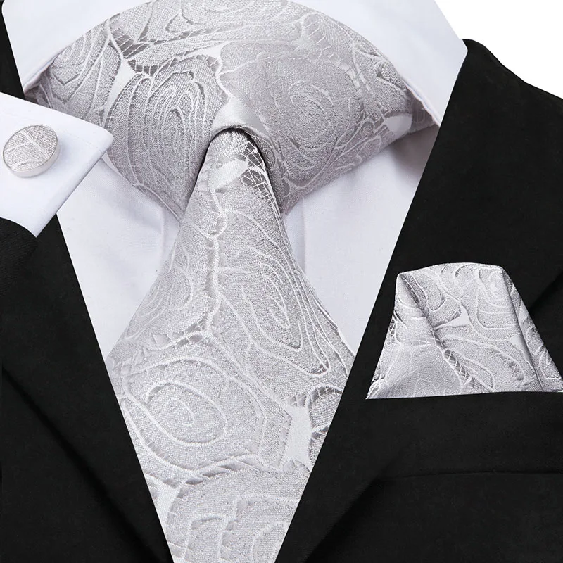 Белый галстук для мужчин Серые шелковые галстуки цветочный шейный платок галстук-бабочка с узором бутоньерка карманные Квадратные запонки, Подарочная коробка формальная 8,5 см Hi-Tie - Цвет: SN-3066