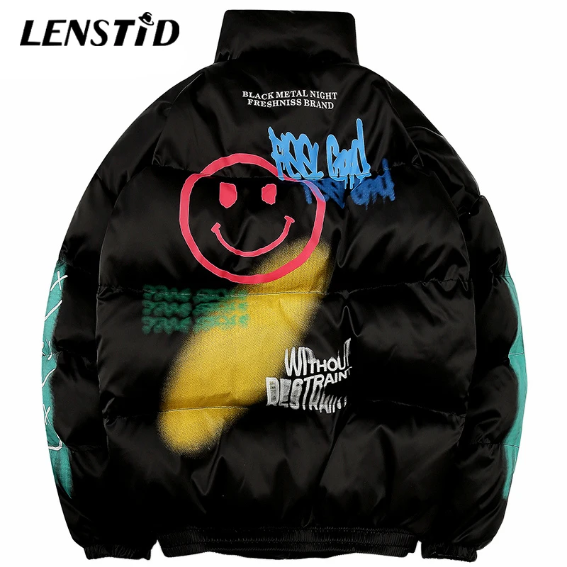 

LENSTID Men Hip Hop Streetwear Smile Face Print Warm Thick Padded Jacket Windbreaker Winter Outwear Parka Harajuku Hipster Coats