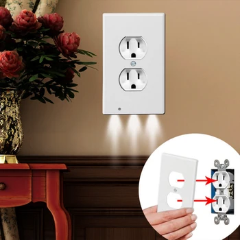 

110V Sensor Night Lamp Outlet Cover Wall Plate with LED Light 3LEDs Duplex with Ambient Light for Plug Wall Bedroom Kitchen