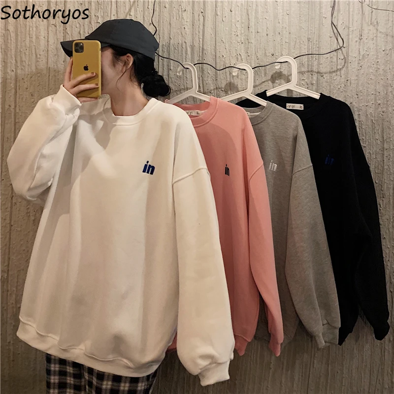 

Women Winter ThickeningSweatshirts O-neck PopularClassic Gray Hoodies Student Ulzzang Loose Preppy Style Casual Outwear Top