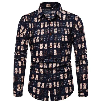 

Printed Geometric Plaid Black Casual Shirts For Men Hawaiian Shirt Long Sleeve Men Button Shirts Slim Fit Summer Beach Shirt