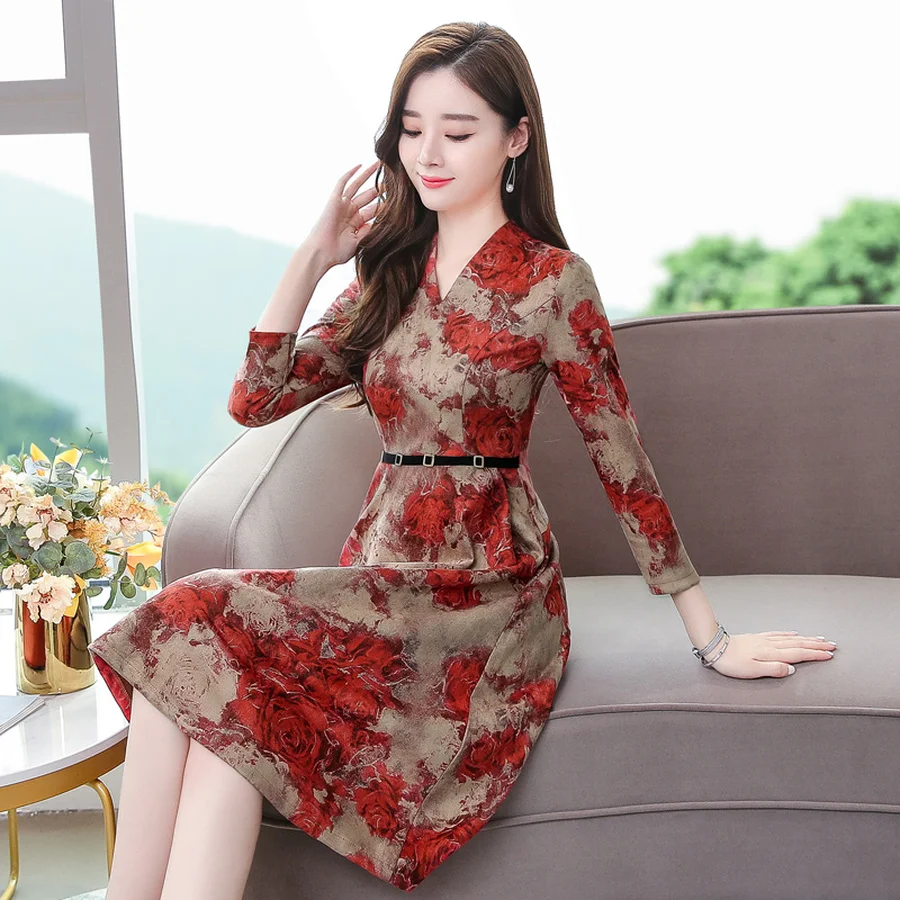 

2019 Vintage Print Suede Midi Dresses Autumn Winter 3XL Plus Size Floral Long Sleeve Dress Elegant Women Bodycon Party Vestidos