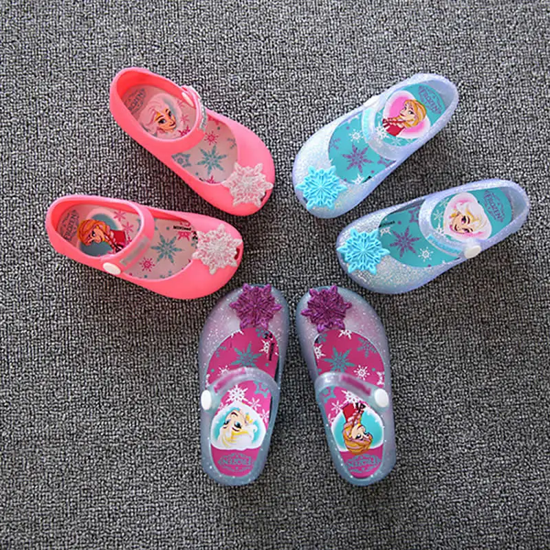 

Girls Elsa Cosplay Jelly color Shoes 3-8T Snowflake Design Mary Janes Kids Soft Foldable Rubber Glitter Princess Accessories