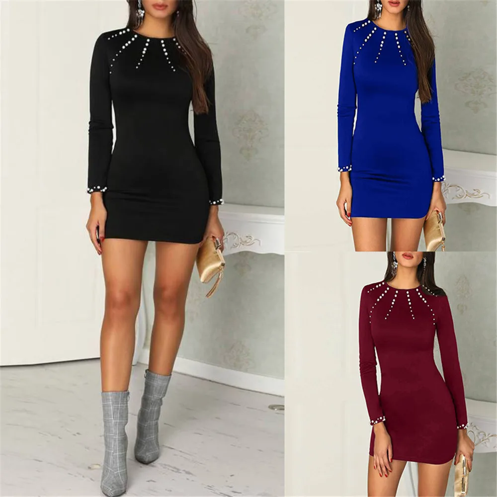 

Woman Dress Fashion Slim Beading Solid Color Hip Dress OL Style Long Sleeve Autumn New Arrival Femael Clothing