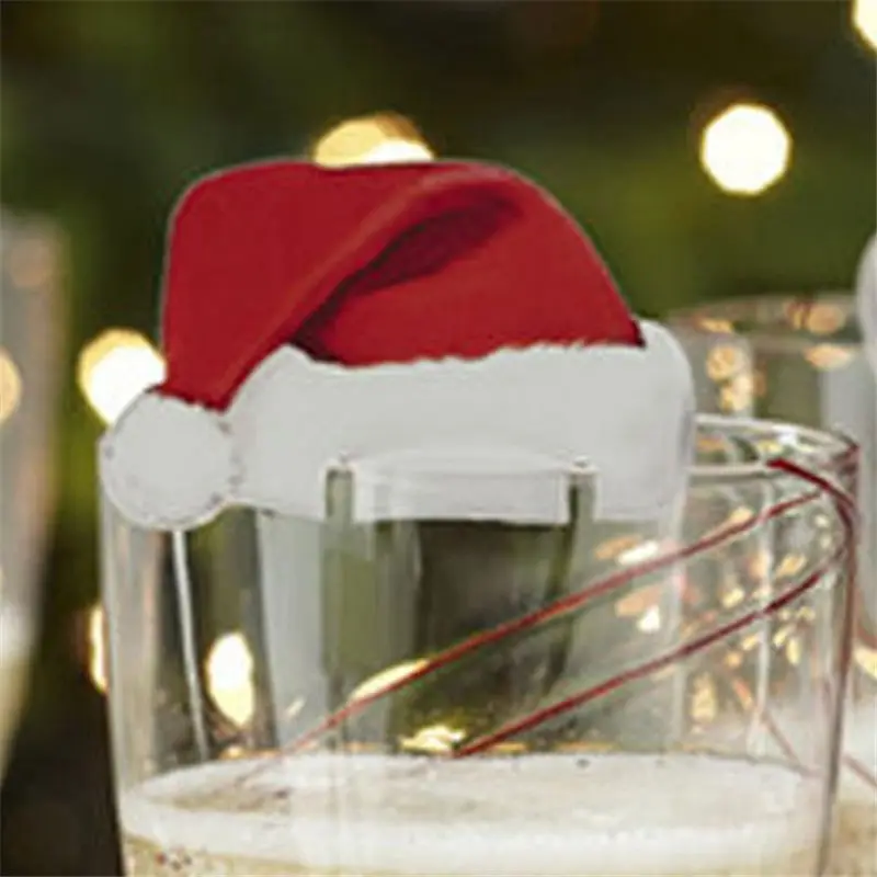10 шт./лот, рождественские украшения для домашнего стола, открытки, Рождественская шапка Санты, декоративный бокал для вина, новогодние вечерние принадлежности