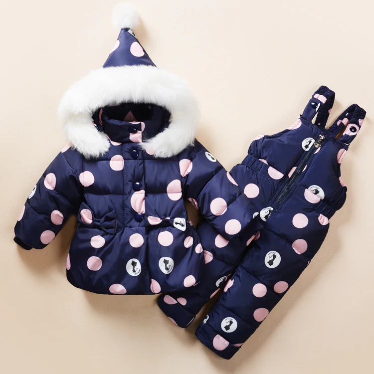 Комплект зимней одежды для маленьких девочек, русская зима, куртка-пуховик+ комбинезон, теплый комплект из двух предметов с капюшоном, детский зимний комбинезон, зимний комбинезон