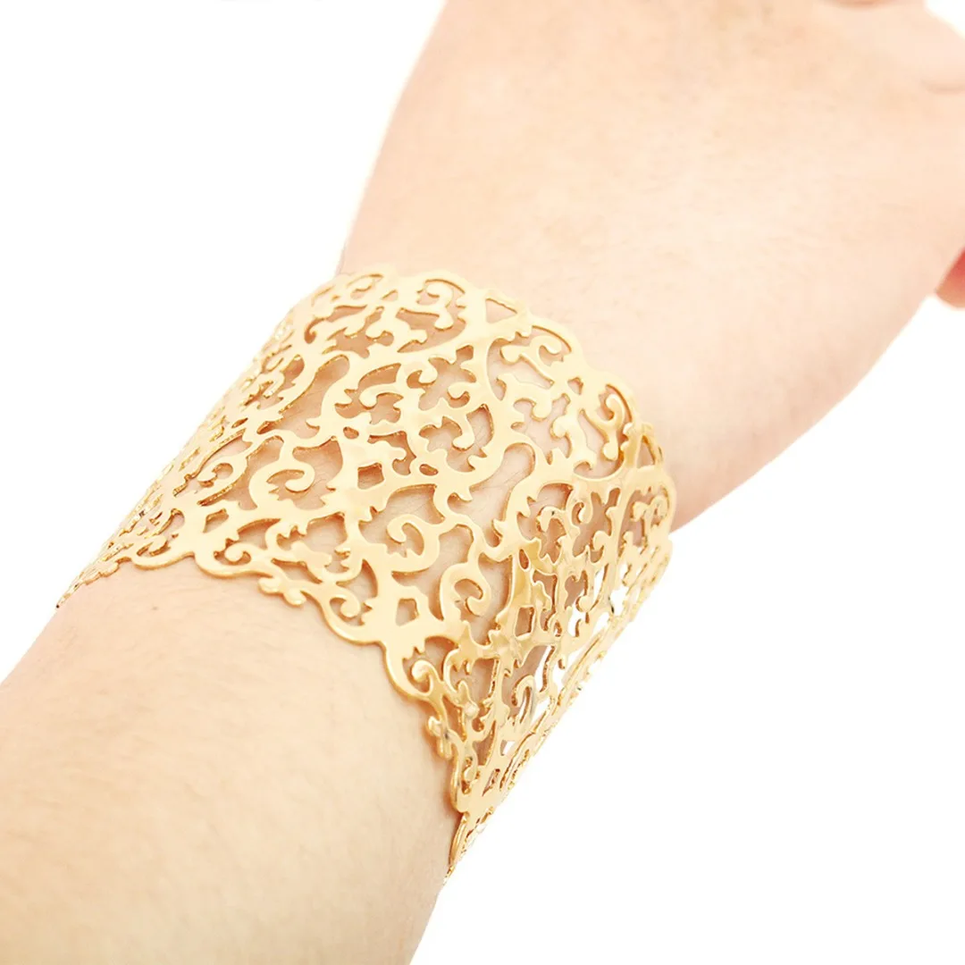 Punk Women Open Bangle Bracelet Exaggerated Big Wide Hollow Flower Heart Gold Cuff Vintage Ladies Hand Jewelry pulseira | Украшения и