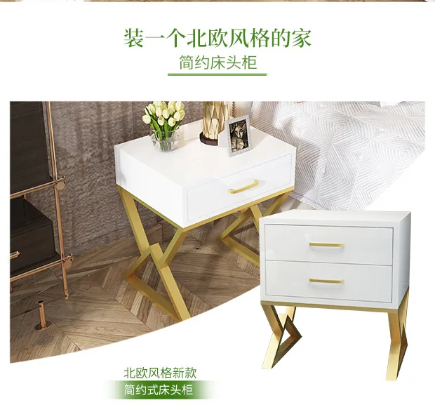 White Modern Iron Casting Golden Nightstand Coffee End Bedside Table Home Furniture Nightstand Cabinet Cupboard Bed Room
