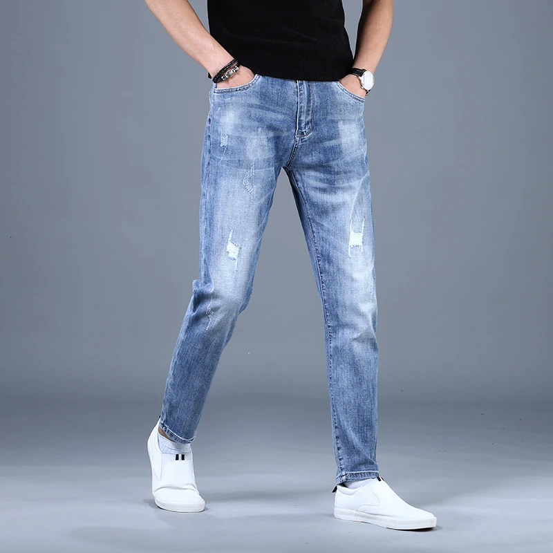 Summer Men's Blue Ripped Jeans Casual Loose Straight Denim Pants