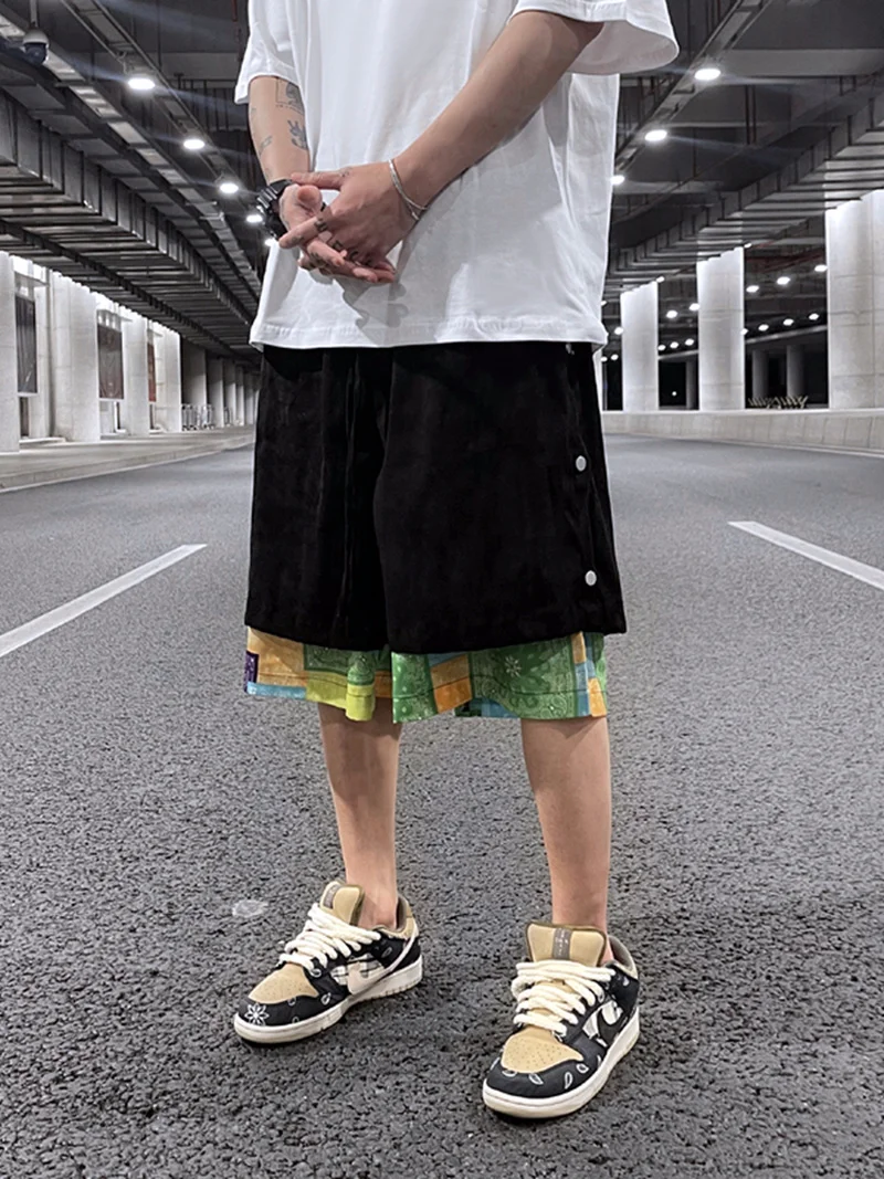 Men Side Buttons Patchwork Harajuku Straight Shorts New Elastic Waist Short Pants Joggers Hip Hop Streetwear Casual Sweatshorts