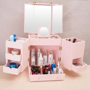 

Japanese Cosmetic Box With Mirror And Cover Large Cosmetics Storage And Reception Cabinet Dust-proof Girl