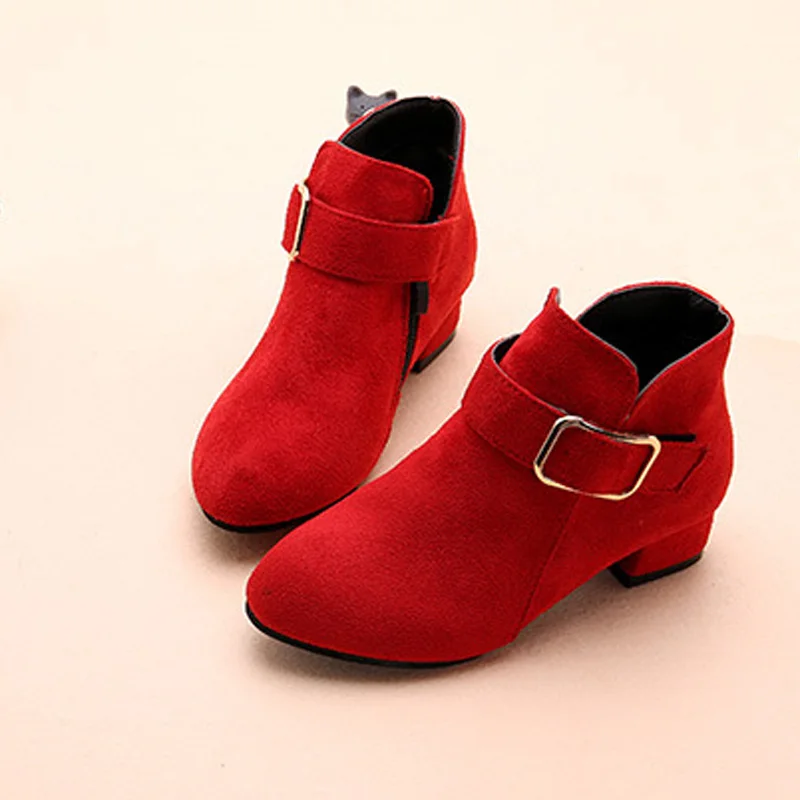 Ботинки для девочек на каблуке из искусственной замши; сезон весна-осень; ботильоны для детей; модные детские ботинки с пряжкой; теплая зимняя обувь для девочек; CSH888 - Цвет: Red autumn