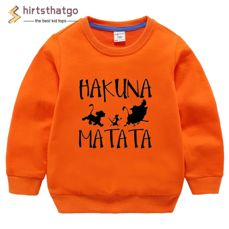 Забавные толстовки с капюшоном для мальчиков и девочек Hakuna Matata; детская осенне-зимняя одежда для малышей; детский пуловер; топы черного цвета; подарок в пятницу - Цвет: T120B-orange