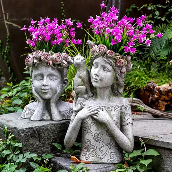 

Retro Cartoon Girl Vase Garden Pots Modern Resin Child Flowerpot Succulent Art Head Plant Pot European Home Decorations R4631