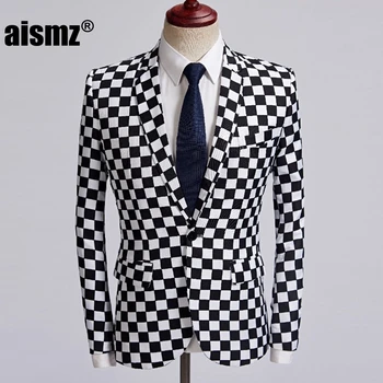 

Aismz Tide Male Black White Plaid Blazer Design Mens Plus Size 5XL Fashion Suit Jacket Singer Costume Homme Slim Fit Outfit