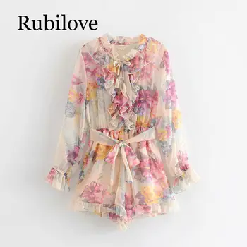 

2019 Boho Floral Print Holiday Summer rompers womens jumpsuit Lace Up Stand Collar Long Sleeve With Belt Ruffle Jumpsuit Short