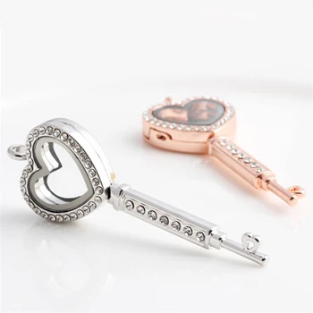 

4 colors Crystal Key Shape Alloy Floating Locket Magnetic Glass Living Memory Locket Pendant