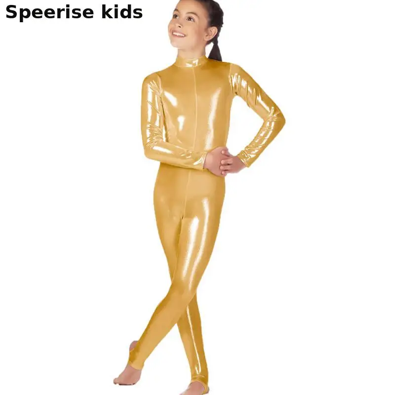 Speerise Kids Shiny Spandex Bodysuit 등자 두 번째 피부 메탈릭 나일론 Catsuit Zentai Unitard 긴 소매 체조 스포츠웨어
