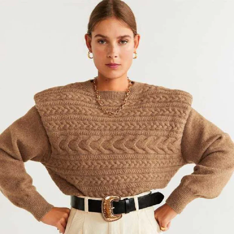 ZA зимний женский вязаный коричневый свитер Повседневный мягкий модный женский многослойный топ с рукавом свободный коммутирующий пуловер из эластичной ткани