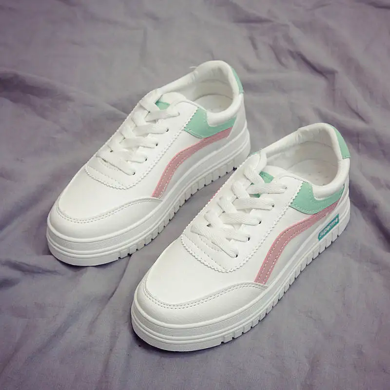 

Fashion PU leather Sneakers Mixed-color Shoes Woman Platform Lace Up zapatillas mujer Thick Heels Ladies Vulcanize Shoes