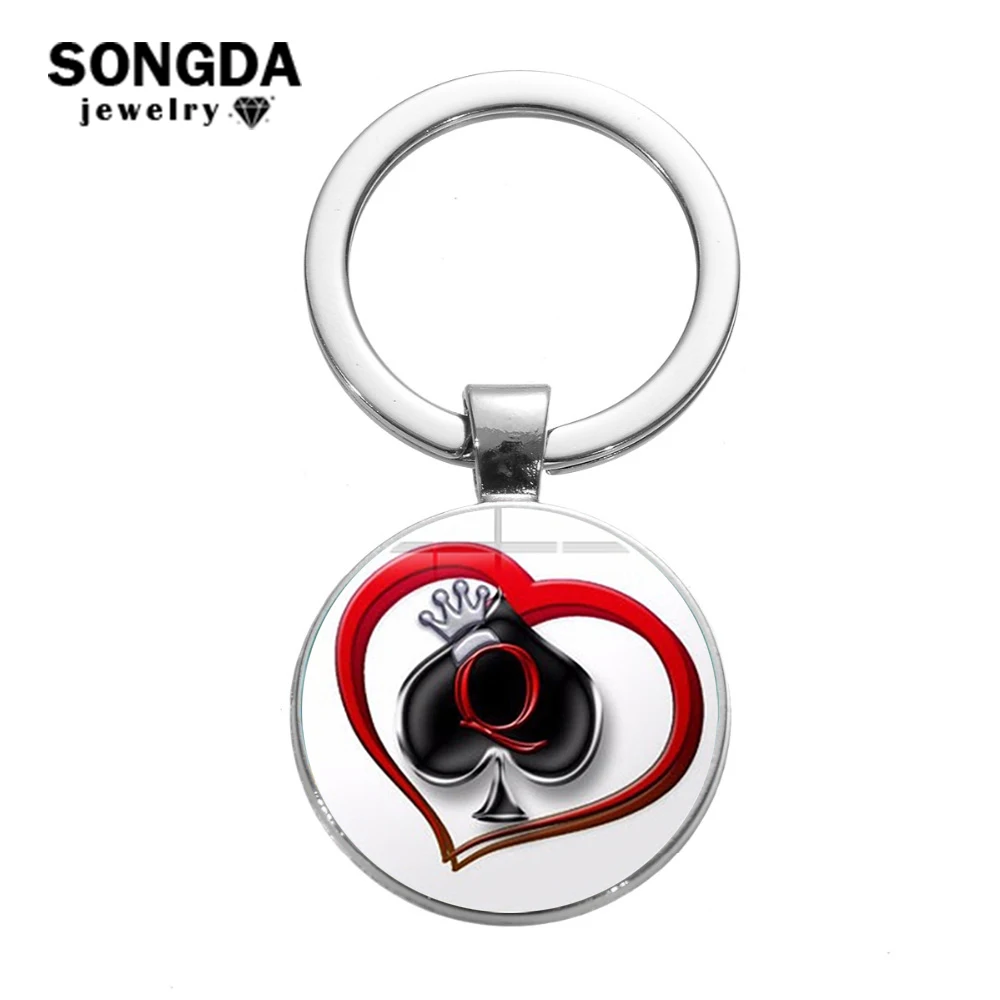 

SONGDA New Peach Heart Letter Q Queen Keychain Personality Poker Spades Q Club Glass Cabochon Key Ring Car Key Chain Men Hewelry