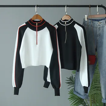 

2019 Autumn Winter Knit Sweater Women Basic Female Pullover Casual Knitted Half Zip Stand Collar White Long Sleeve Sweaters