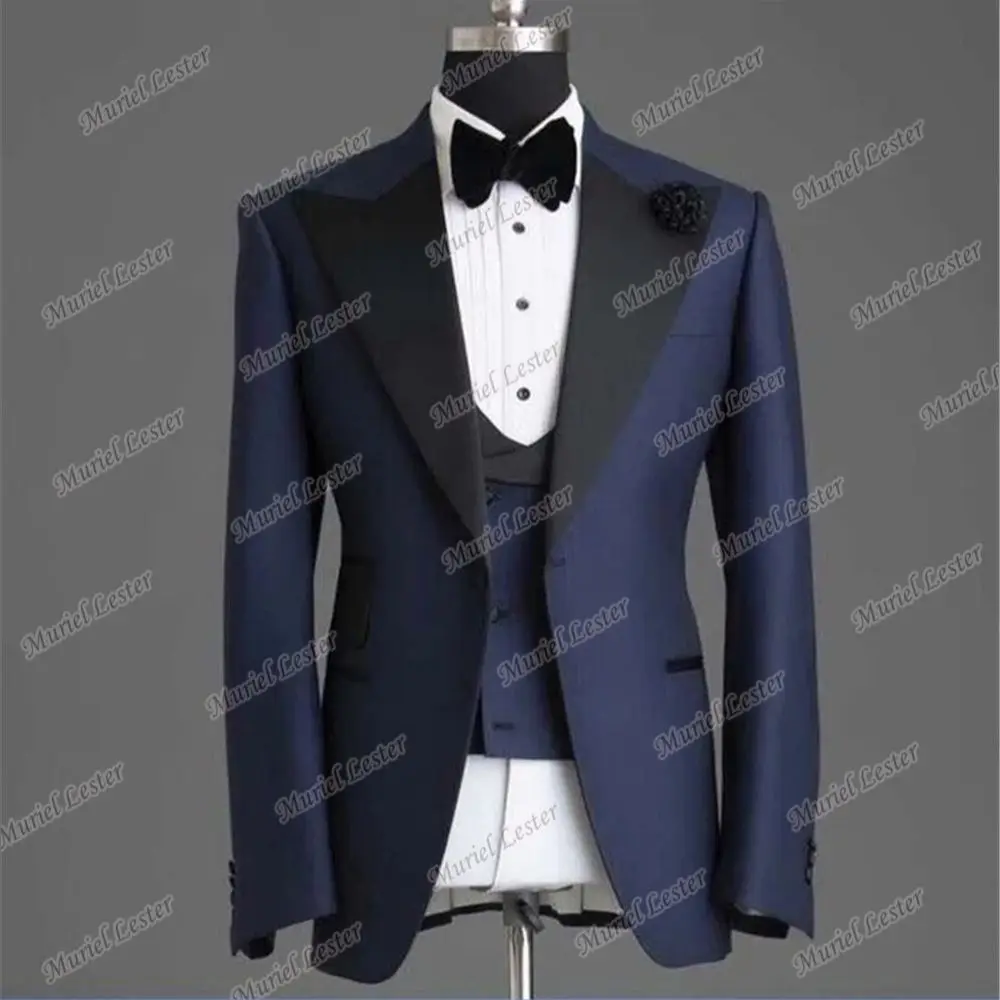 Handsome Wedding Tuxedo Black Laple With Blue Jacet+Vest+Pants Groom Wear Blazer Formal Men Suits 3 Pieces Set Terno Masculino coat suit for men