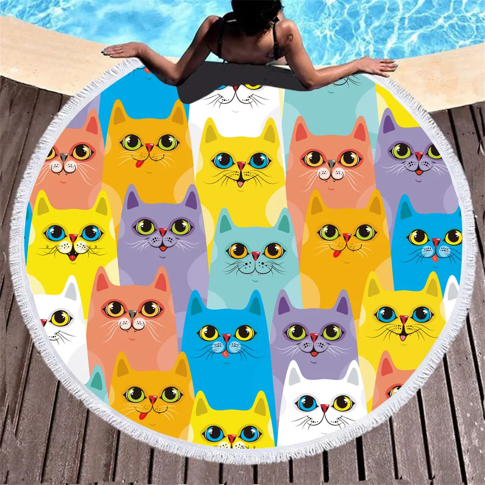 3D Cat print on round beach towel0