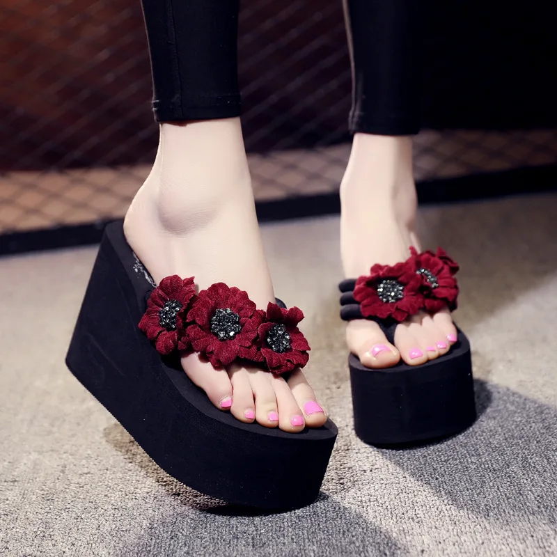 

2019 New Style Slanted Heel Ultra High Flip-flops Platform Handmade Slipper Women's Summer Beach Slippers