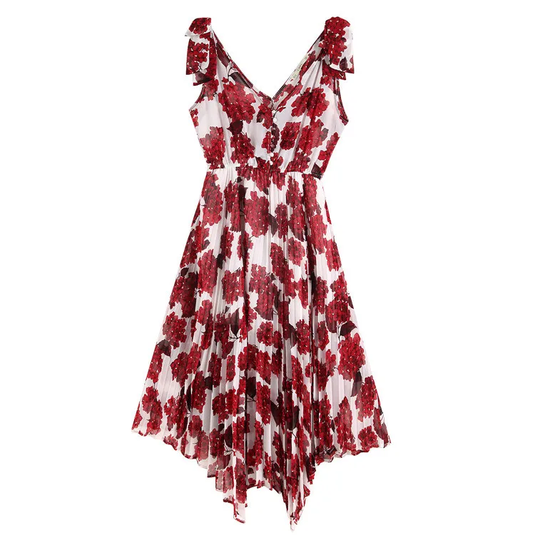

2019 Europe And America Summer New Style WOMEN'S Dress Front And Back V-neck Red Hydrangea Pleated Camisole Dress